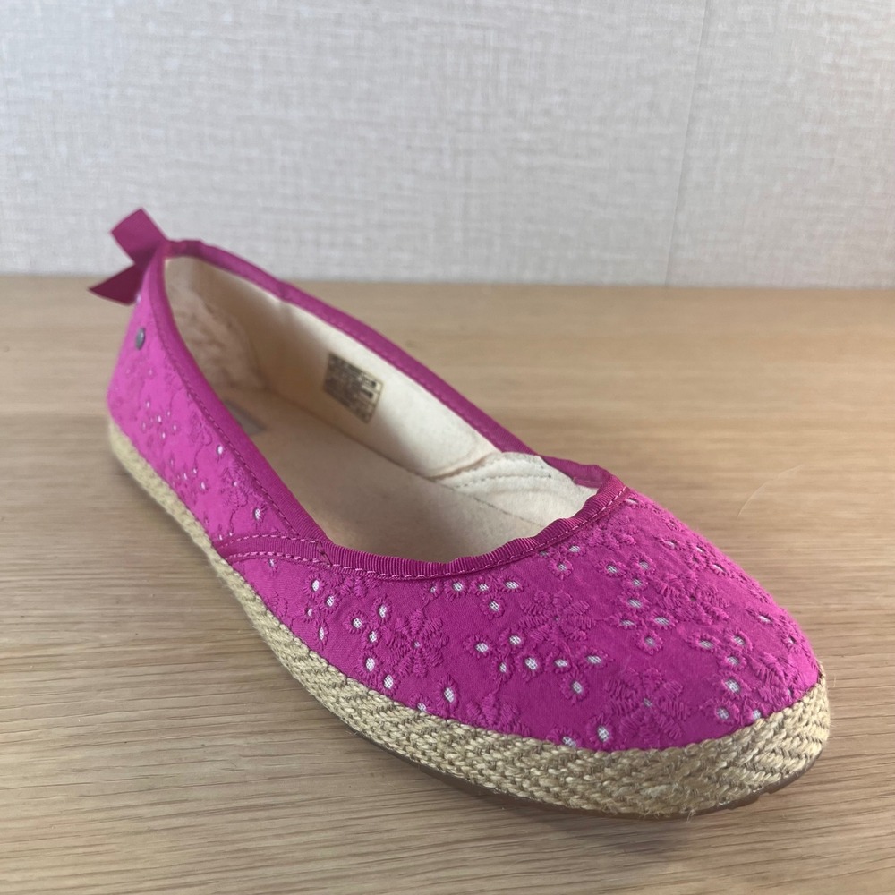 UGG Indah Ballet Flats Pink Eyelet Espadrille Bow Slip On Shoes Women's 6